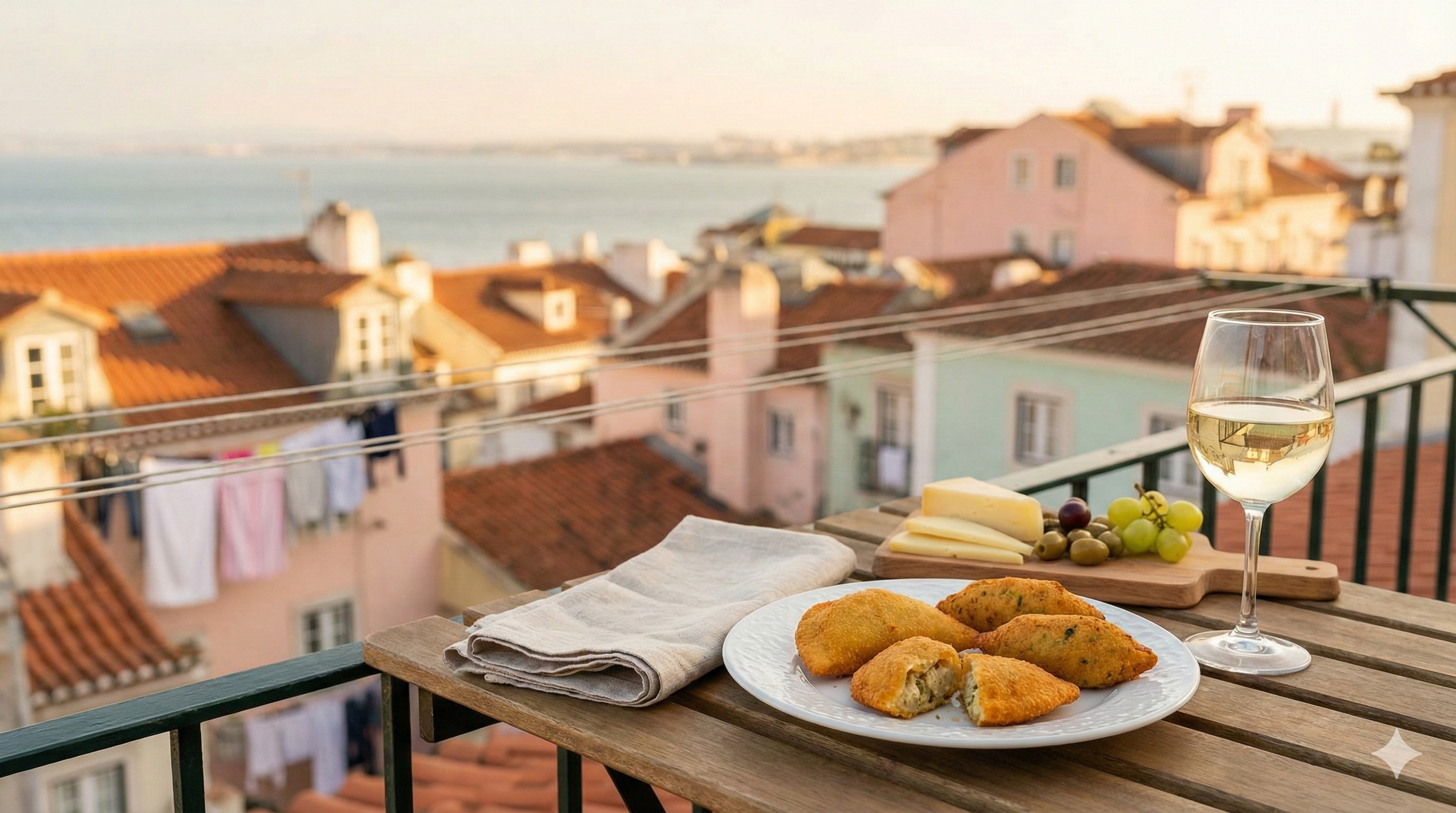 Plate of Portuguese rissóis on a balcony overlooking Lisbon rooftops in daylight
